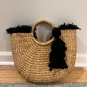Jade Tribe Woven rattan straw pom pom tassel purse summer beach vocation round h